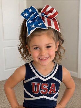 Patriotic Glitter Cheer Bow USA Stars & Stripes Red White Blue